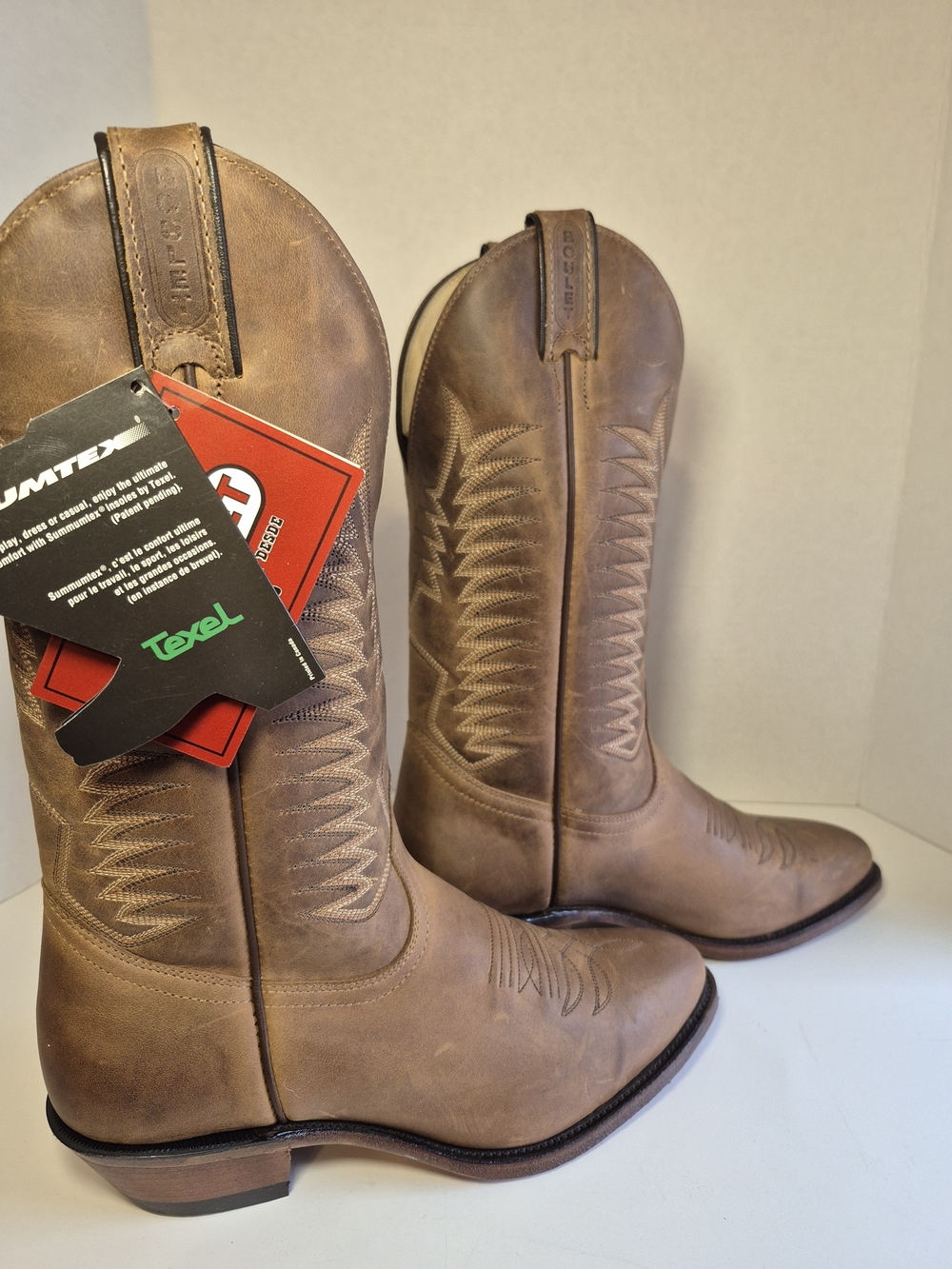 Vtg NOS NWT Boulet Men's Brown Leather Western Cowboy Boots Size 7.5D